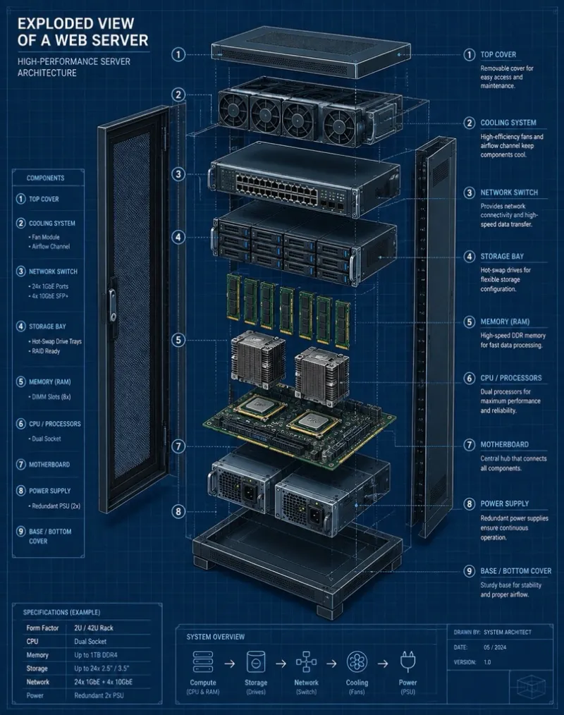 Exemple d'image générée par ChatGPT avec le code /blueprint + /explodedview
