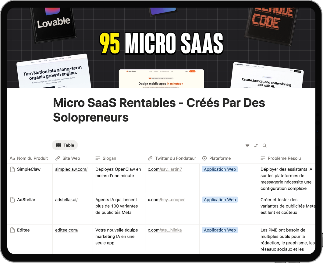 Aperçu de la base de données Notion — 95 Micro SaaS Rentables