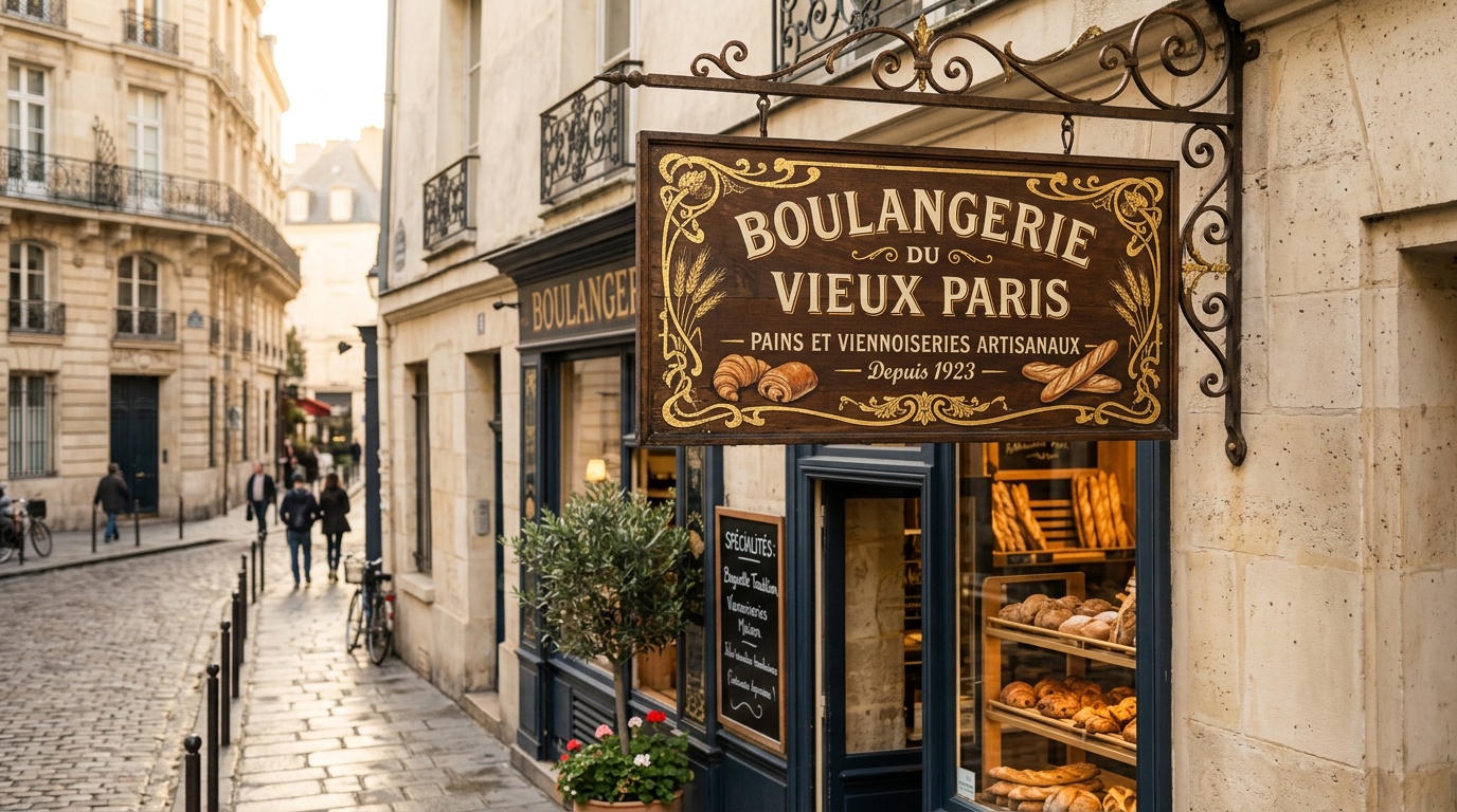 Enseigne de boulangerie parisienne vintage avec texte français lisible