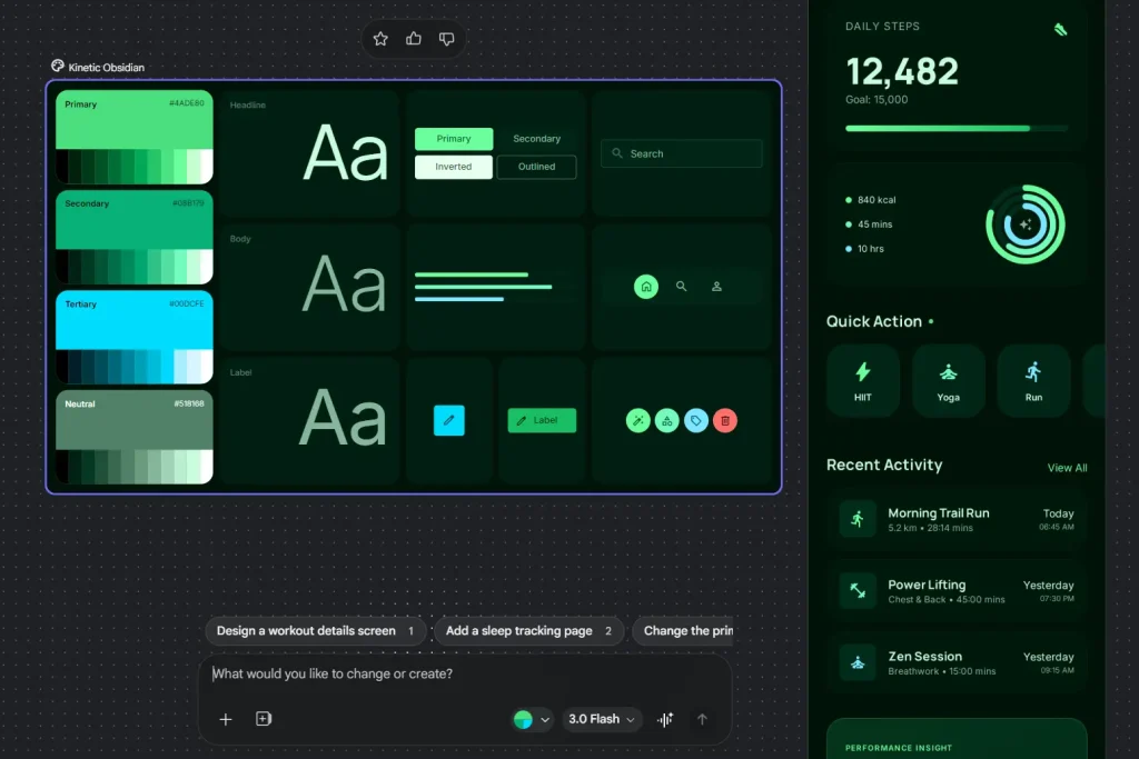 Stitch avec son design system et un écran d'app généré